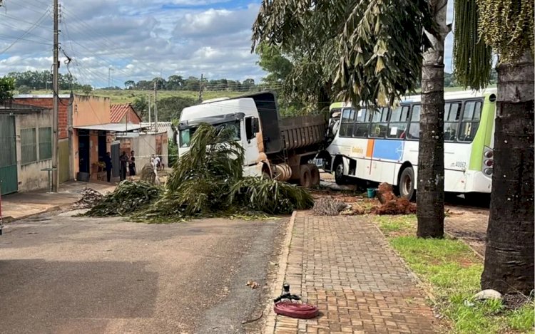 Ônibus do transporte coletivo bate contra caminhão e deixa feridos em Nerópolis